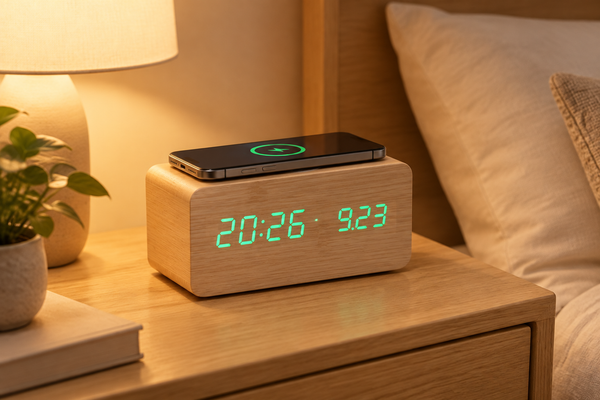 Sveglia Digitale in Legno con Ricarica Wireless