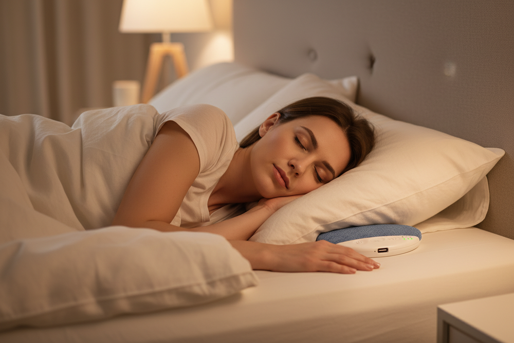 Persona che dorme con il Mini Altoparlante da Cuscino Bluetooth sotto il cuscino